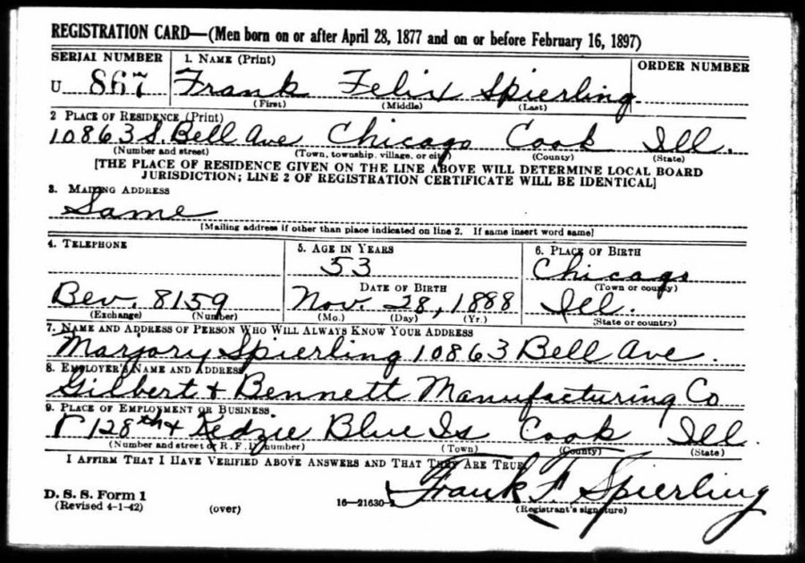 World War I Draft Registration Card - Frank Felix Spierling