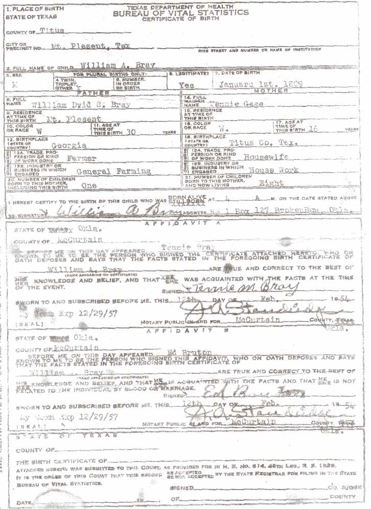 William A. Bray Delayed Birth Certificate