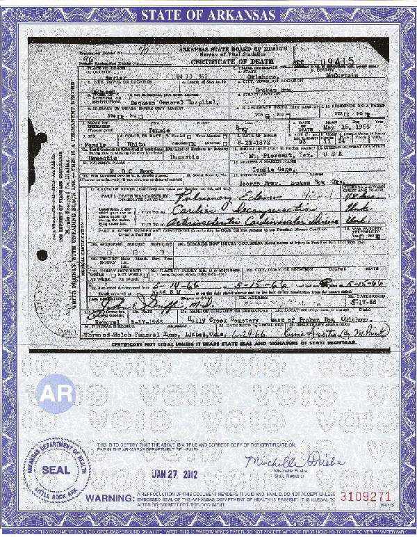 Arkansas Death Certificate Tennie Bray