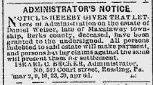 Administrator's Notice - Daniel Weiser 15 March 1870